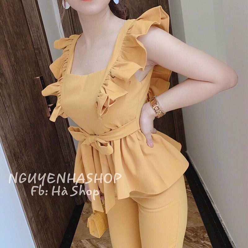 Set Bộ Umi Bèo Vai Cổ Vuông Cột Nơ Eo
