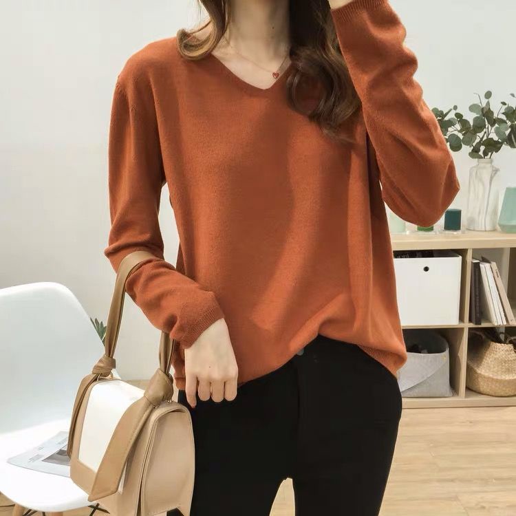 Áo Sweater Cổ V Dáng Rộng Màu Sắc Đơn Giản Thời Trang Xuân Thu Cho Nữ