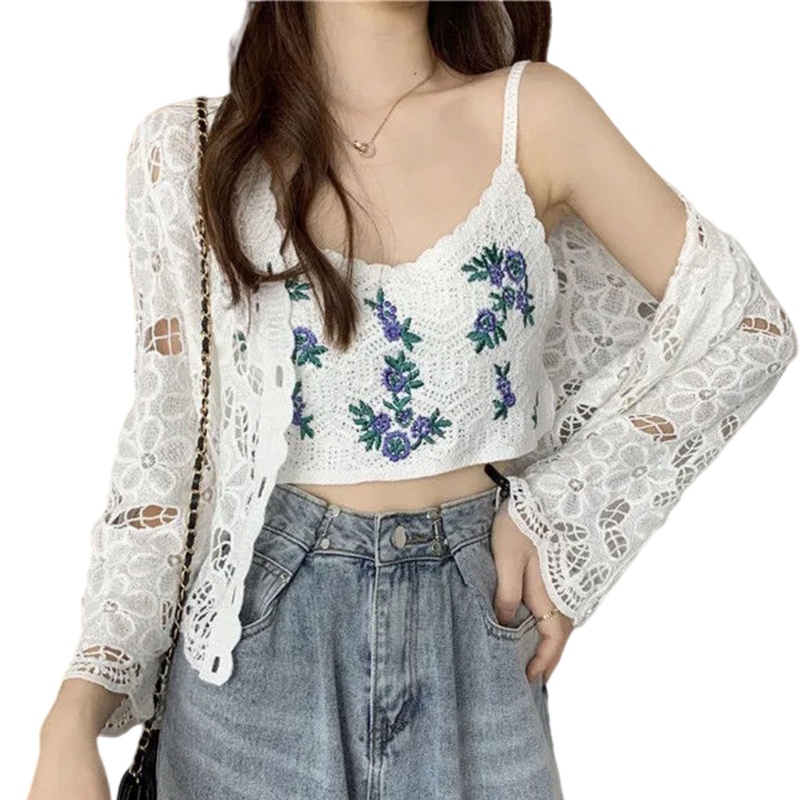 Áo Khoác Cardigan Chống Nắng Tay Dài Dáng Rộng Thêu Hoa Phối Ren Lỗ Cài Nút Thời Trang Cho Nữ