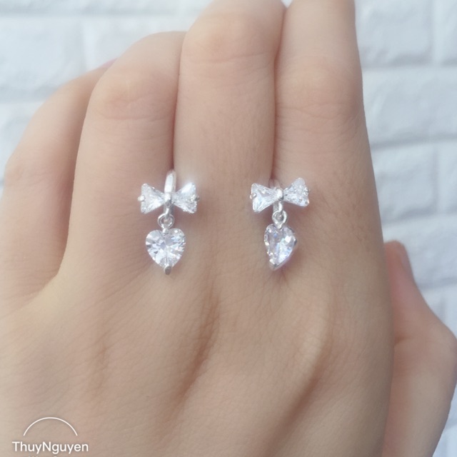 Khuyên tai nơ treo tim đá nhân tạo tròn đính tai bạc thật cao cấp