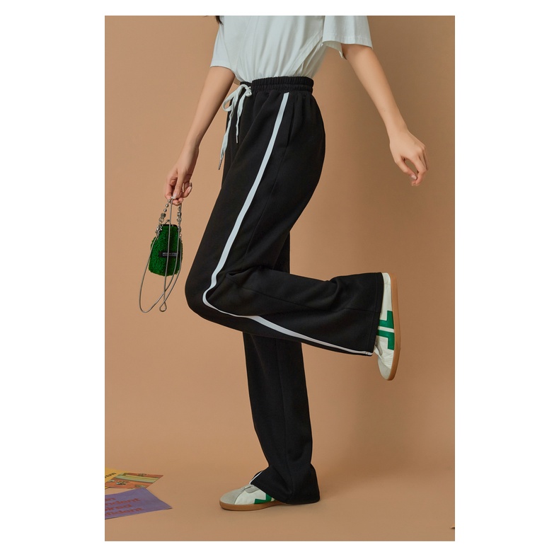 Quần ống rộng nữ ALALA thể thao 1 sọc chéo, quần dài nữ ống suông cạp chun cao có dây rút unisex