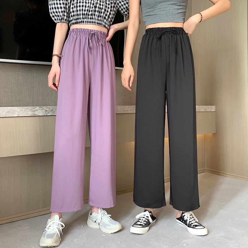SUXI Quần Dài Lưng Cao Ống Rộng Màu Trơn Thời Trang Mùa Hè Hàn Quốc