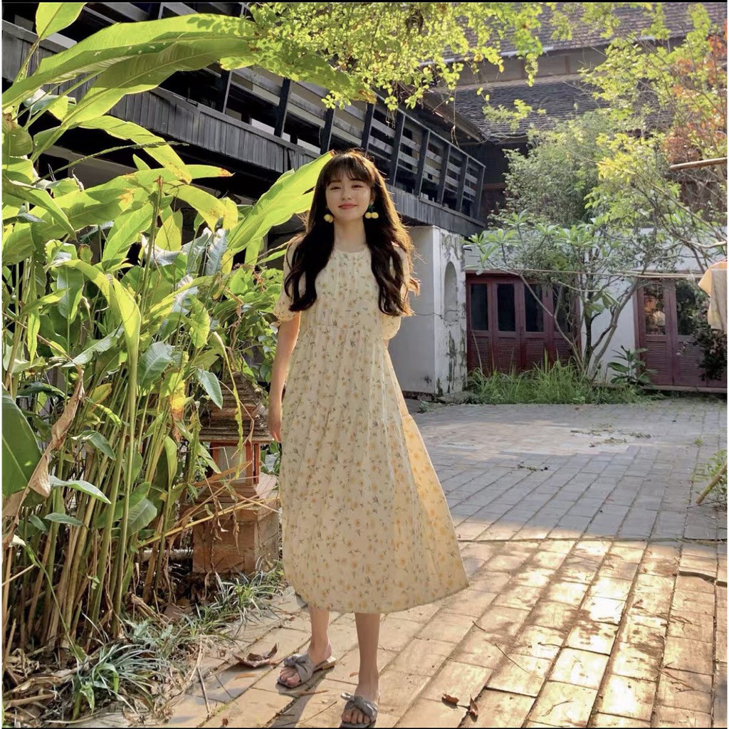 Đầm - Váy babydoll hoa nhí dáng xòe cổ tròn tay bồng ulzzang