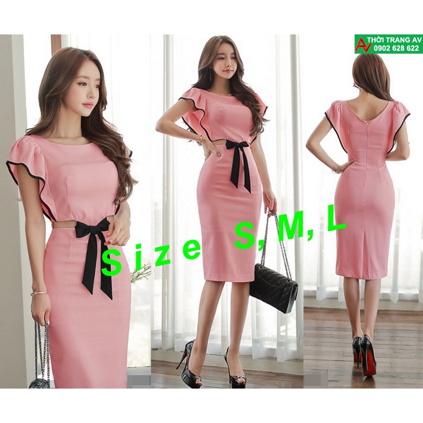 Đầm ôm body hở eo đính nơ tay cánh dơi phối viền cực hot - AV5684