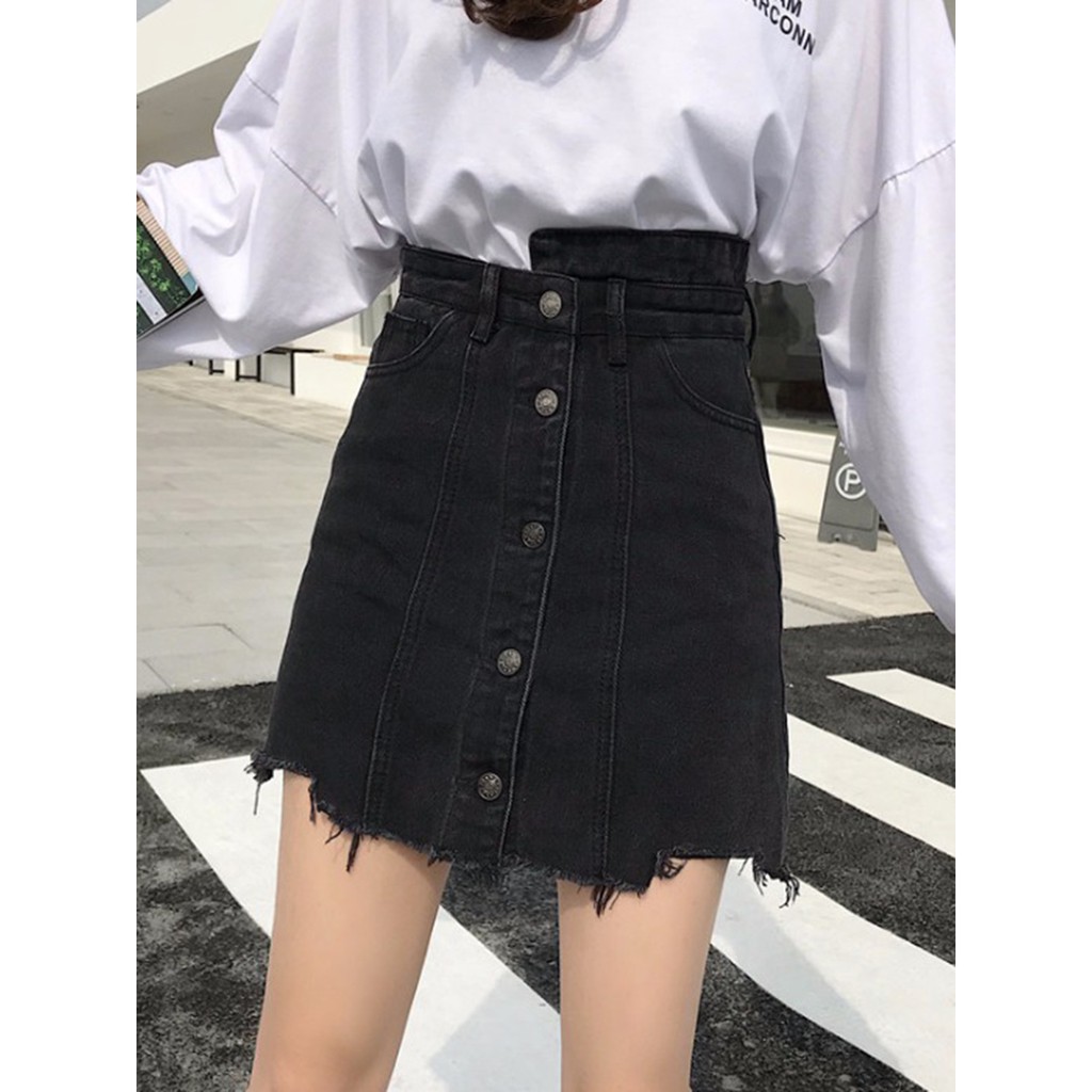 CV14- Chân váy jean cúc lệch xé gấu cá tính