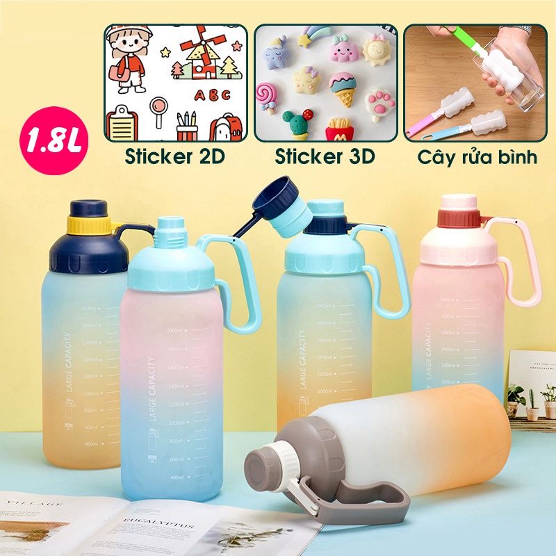 Bình Nước Thể Thao Tập Gym BN/07, Bình Đựng Nước Giữ Nhiệt Nóng Lạnh 1.8 Lít Tập Thể Dục Có Vạch Báo Giờ Uống Nước Cute