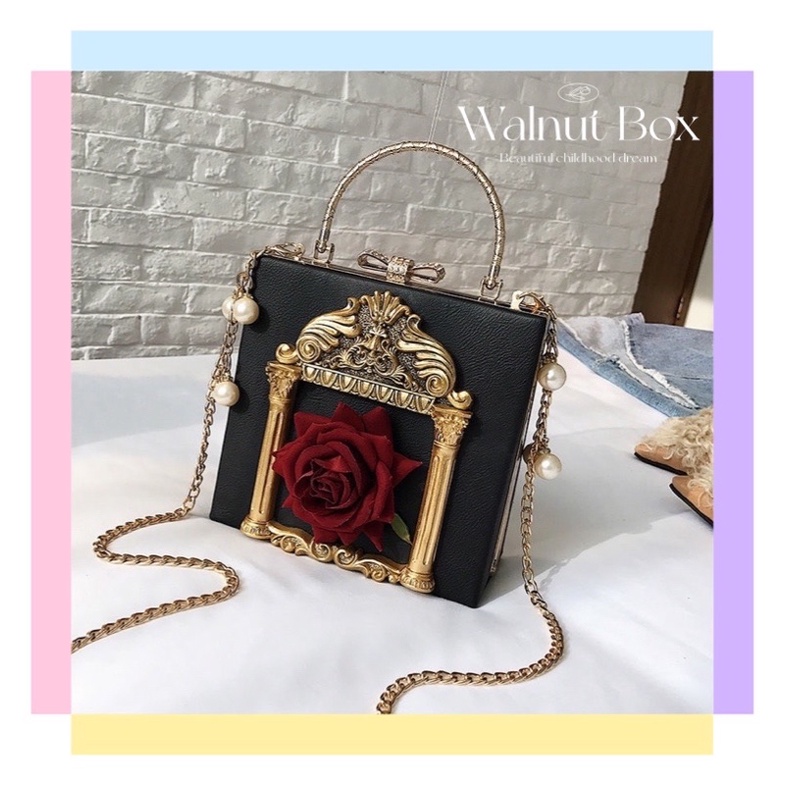 Túi xách đeo vai dạng hộp phối dây xích đính ngọc trai thời trang cho nữ