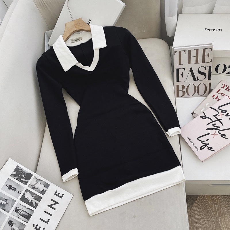 Đầm nữ đầm đen ôm body tay dài cổ sơ mi đi chơi đi dạo chuẩn mẫu ảnh kèm sàn