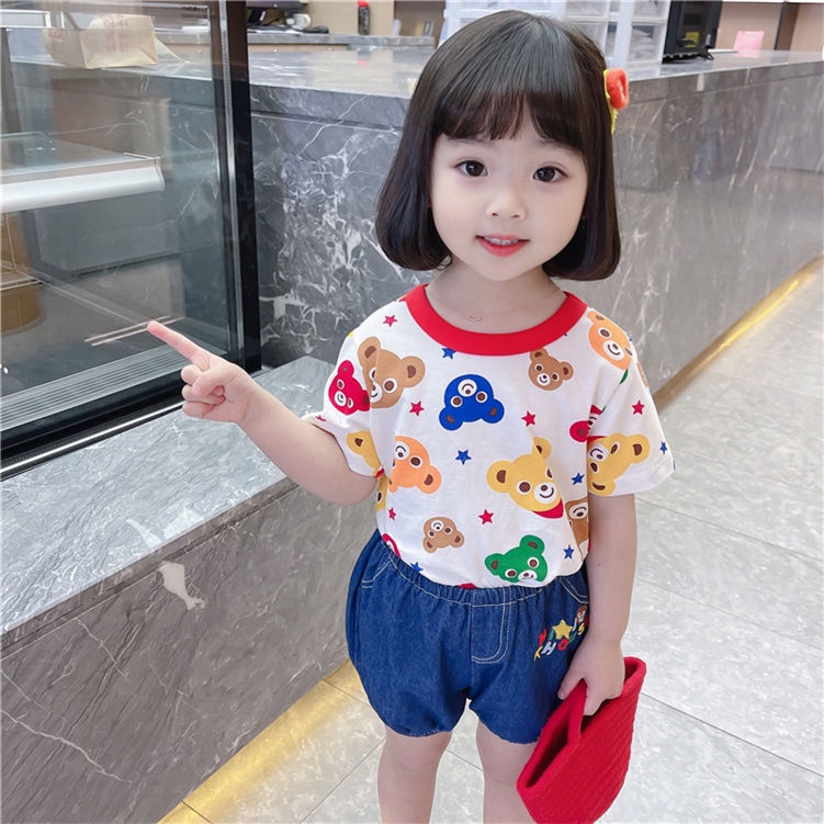 Áo Thun Cotton Ngắn Tay In Hình Dễ Thương Cho Bé