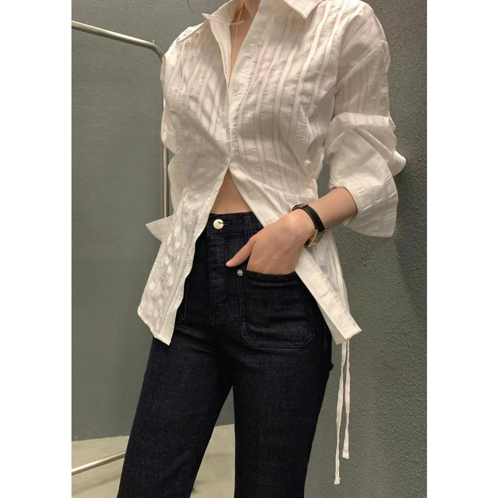 Áo Sơ Mi Ôm Dáng Buộc Dây Họa Tiết Kẻ Sọc Phong Cách Hàn Quốc Kiểu Mới 62215