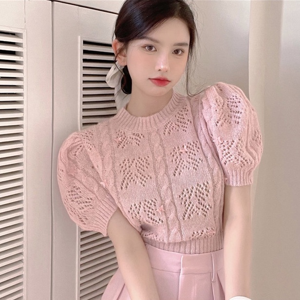 NUZIRO  Áo kiểu  dệt kim tay ngắn phồng trẻ trung thời trang dành cho nữ