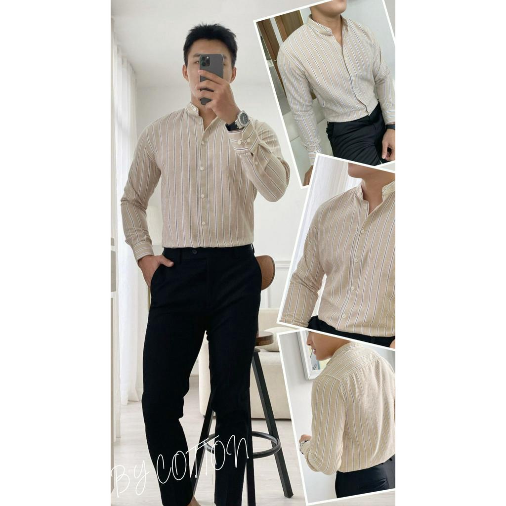 Áo Sơ Mi Nam Dài Tay Phối Sọc Màu Be BY COTTON Linen Beige Stripes Shirt