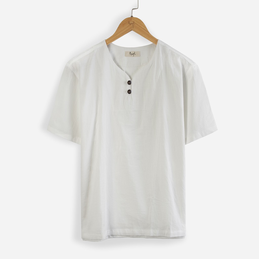 Áo linen chui cộc tay cổ V 2 nút cài Rough | BigBuy360 - bigbuy360.vn