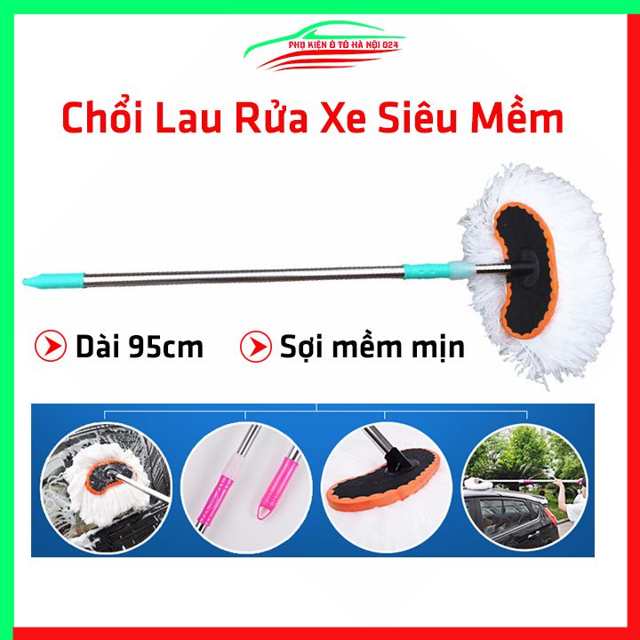 Chổi lau xe trắng chổi rửa xe ô tô sợi siêu mềm cán dài 95cm