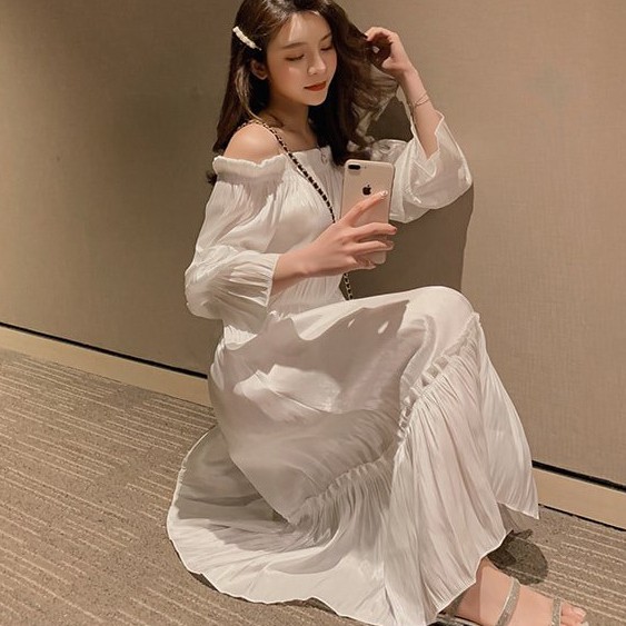 Đầm xòe tay nhún, vải gân bóng sang trọng | BigBuy360 - bigbuy360.vn