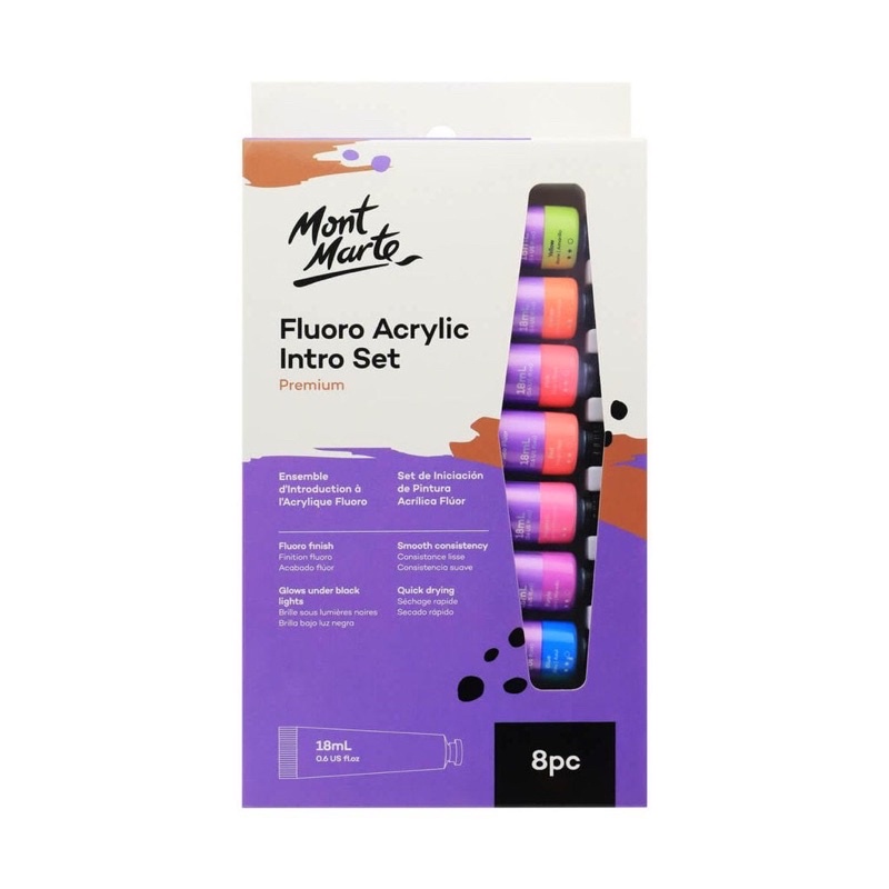 [Tặng giấy vẽ] Set 8 Màu Acrylic Dạ Quang Phát Sáng Mont Marte x 18ml - Fluoro Acrylic Paint Intro Set - PMFL8181