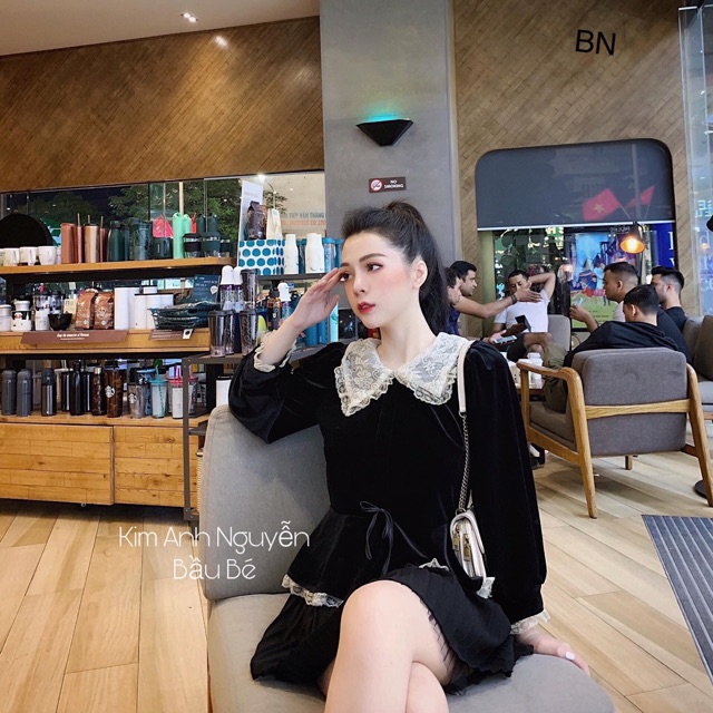 Áo peplum nhung cổ ren dài tay hàng quảng châu
