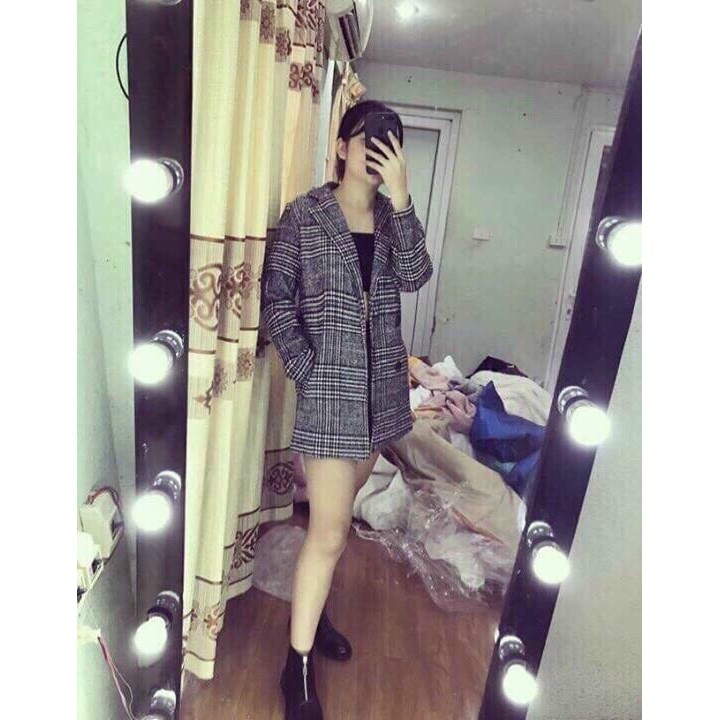 Áo Khoác Dạ Bầu Kẻ Caro Vải Dạ 2 Lớp Freesize&lt;68kg