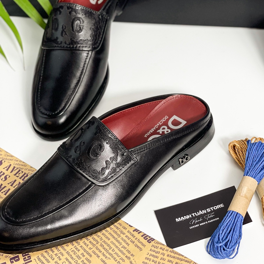 Sục nam cao cấp - Giày mules D&G nam SN18 Da bò nguyên miếng, đế gỗ sồi cùng quai kim loại cực kì sang trọng