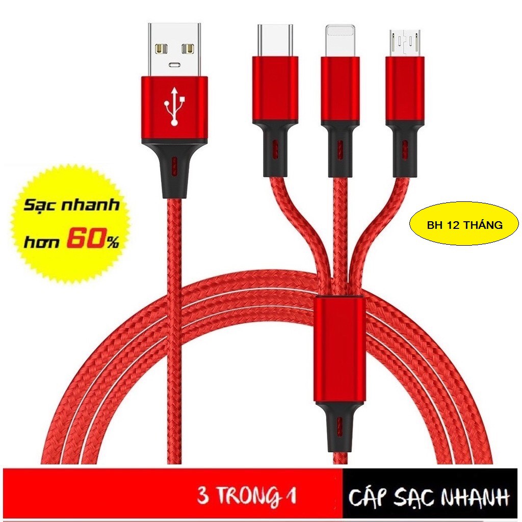 Cáp Sạc 3 Đầu Đa Năng 3 in 1 Dùng Cho Samsung Oppo Xiaomi Apple | CSacdu