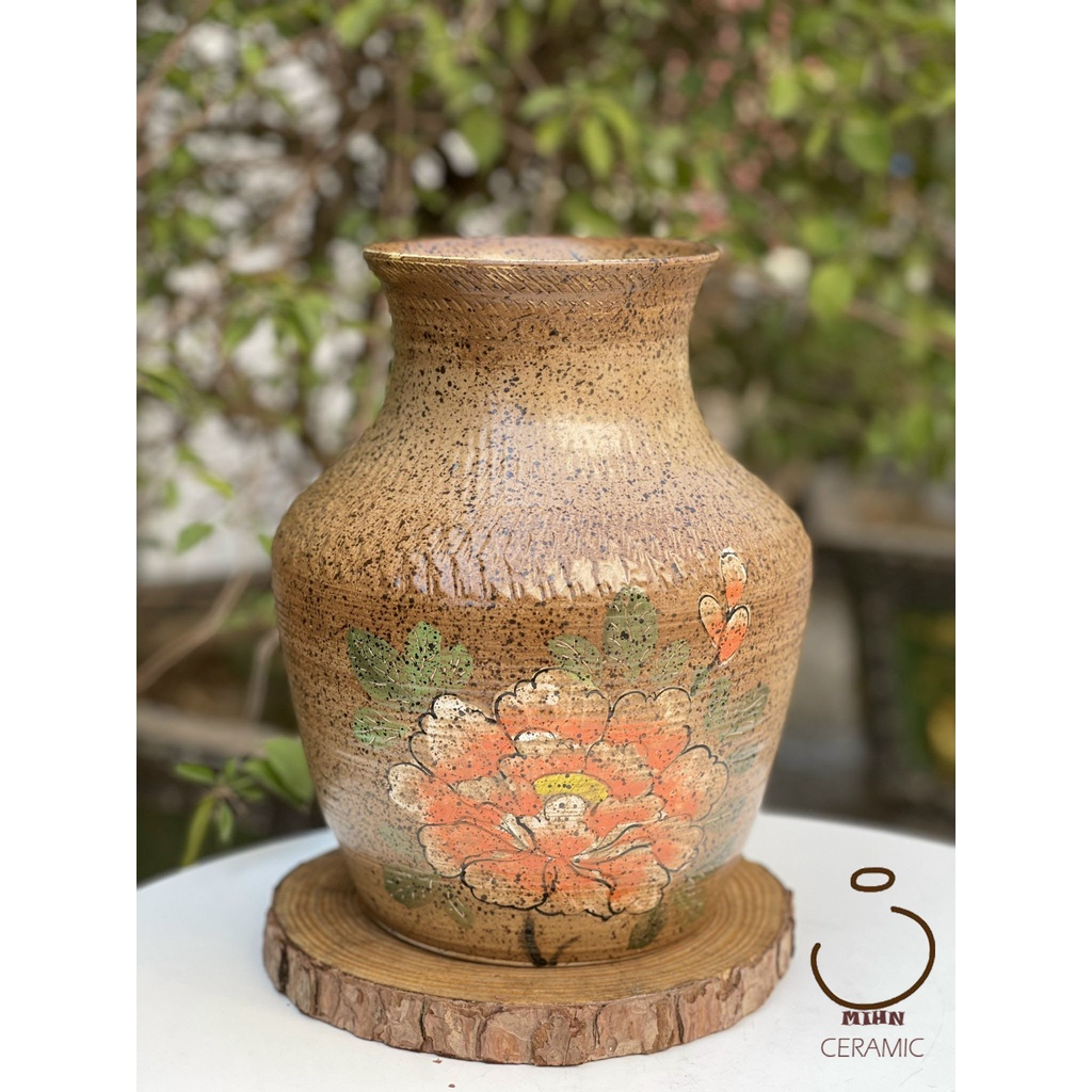 Lọ hoa nâu, họa tiết hoa, cao 26,5cm miệng 12,5cm chuẩn gốm Bát Tràng