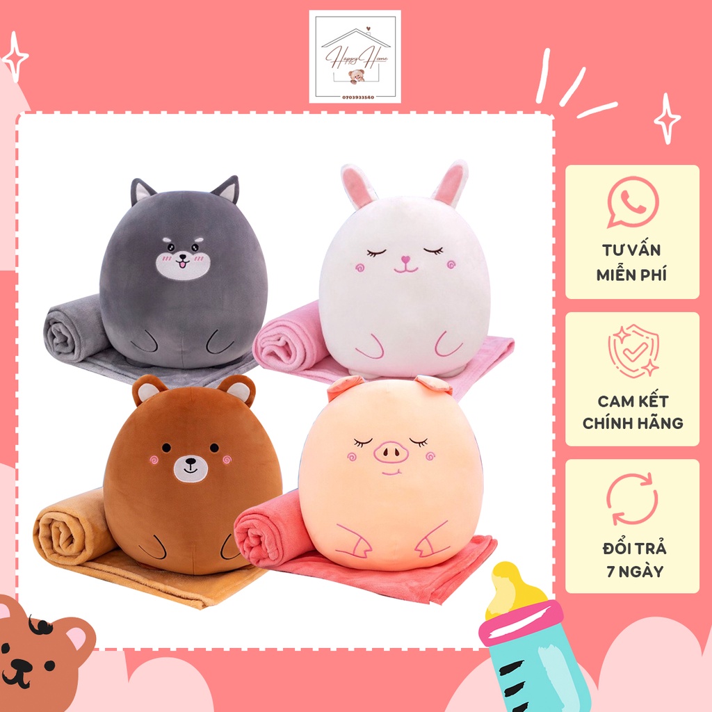 Bộ chăn mền gối ngủ văn phòng 3 trong 1 hình thú béo đáng yêu, gấu bông cute cho bé - HAPPY HOME