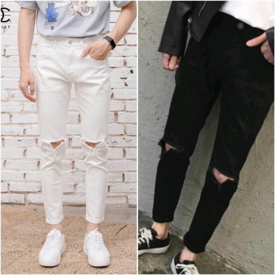 Quần Jeans Nam Đen Trắng Rách Gối Xẻ V Có Size Lớn 37 38 🏅 i