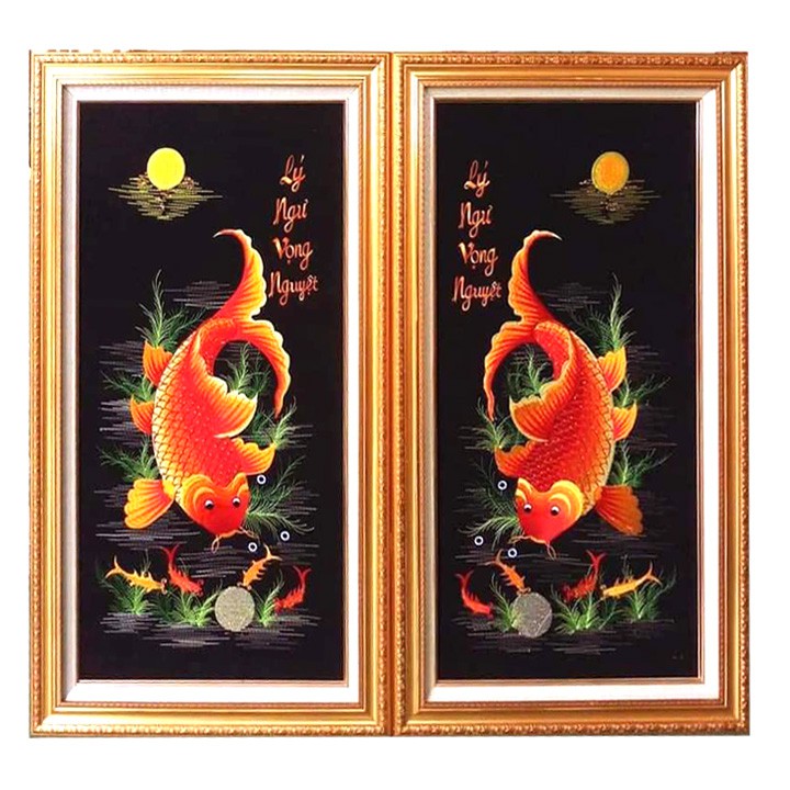 Tranh thêu Đôi Cá Tài Lộc 40x80 cm x 2 bức thêu sẵn chưa khung