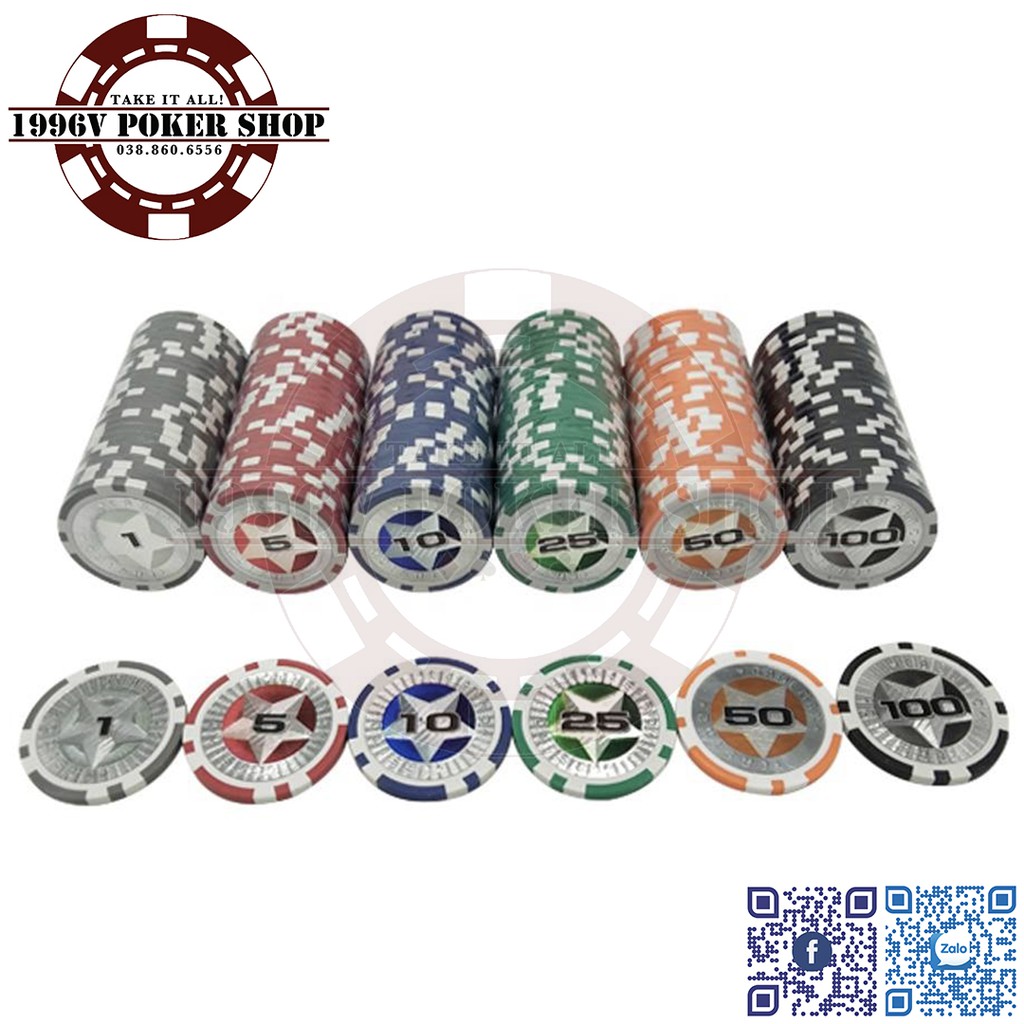 Lẻ cọc phỉnh POKER chip POKER ABS chơi bài có số HÌNH NGÔI SAO CASINO số 1, 2, 5, 10, 20, 50, 100, 500, 1000