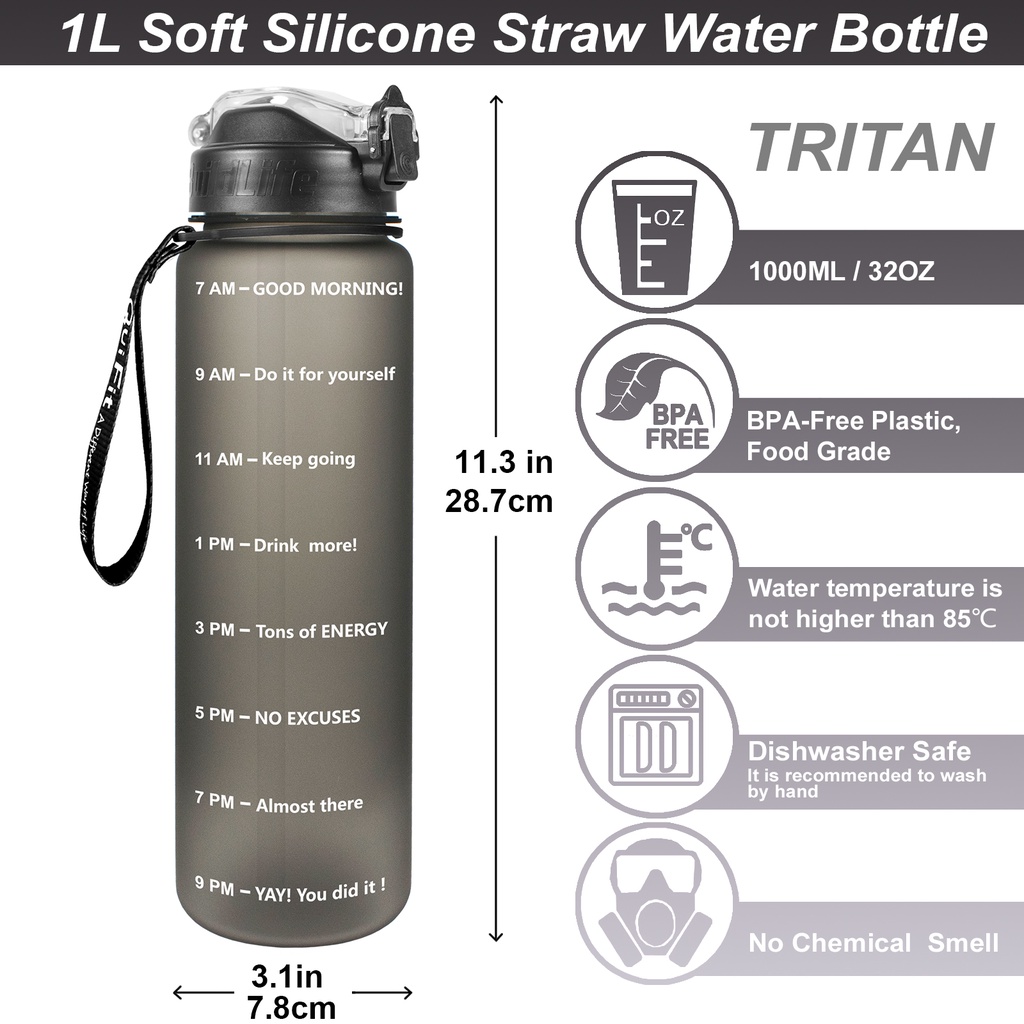 Bình nước QuiFit silicon mềm không chứa BPA có ống hút và ghi chú thời gian tiện lợi 1l