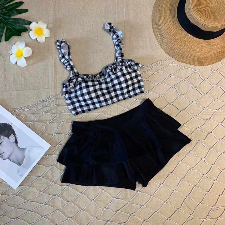 Bikini hai mảnh caro chất thun mặc đi biển đi bơi