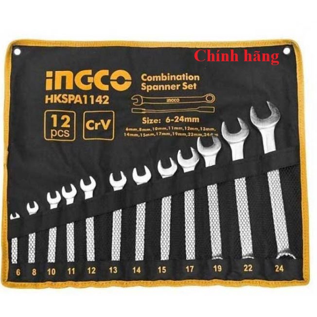 ĐỒ NGHỀ INGCO Bộ 12 cờ lê vòng miệng size 6mm - 24mm HKSPA1142 (Cam kết Chính Hãng 100%)