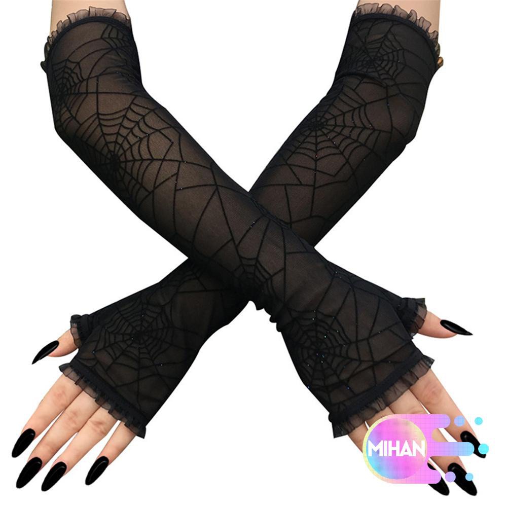 MIHAN1 1 Pair of Costume Accessory Halloween Gloves Cosplay Gothic Mittens Arm Sleeves Spider Web Half Finger Fancy Dress Up Stretchy Women Long Gloves