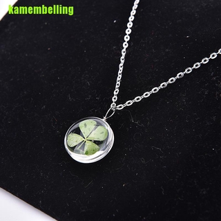 [Lling] Vòng cổ mặt dây chuyền tròn cỏ ba lá may mắn màu xanh lá cây thật bạn bè
