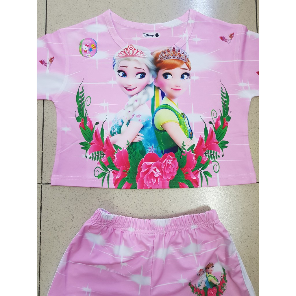Bộ thun cotton lạnh thái mát rượi croptop elsa bé gái