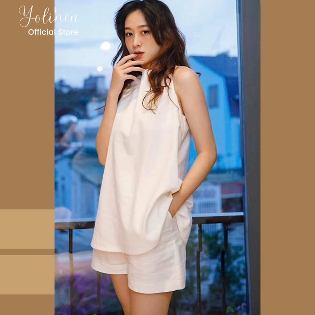 Bộ nữ mặc nhà sát nách form rộng trẻ trung YOLINEN vải linen thoáng mát nút bọc quyến rũ