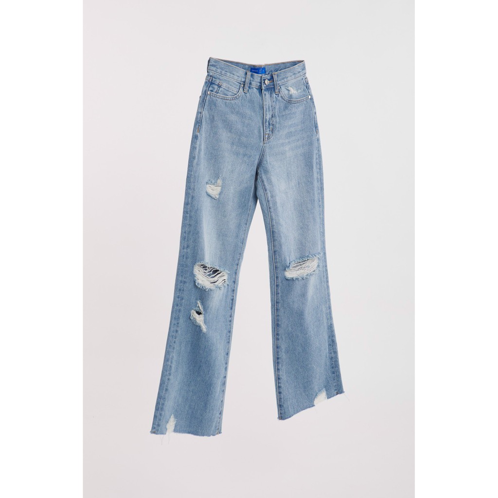 TheBlueTshirt - Quần Jeans Ống Rộng Nữ  Rách Gối Màu Nhạt - Cheeky Chic Wide Leg Jeans - Light Blue Wash