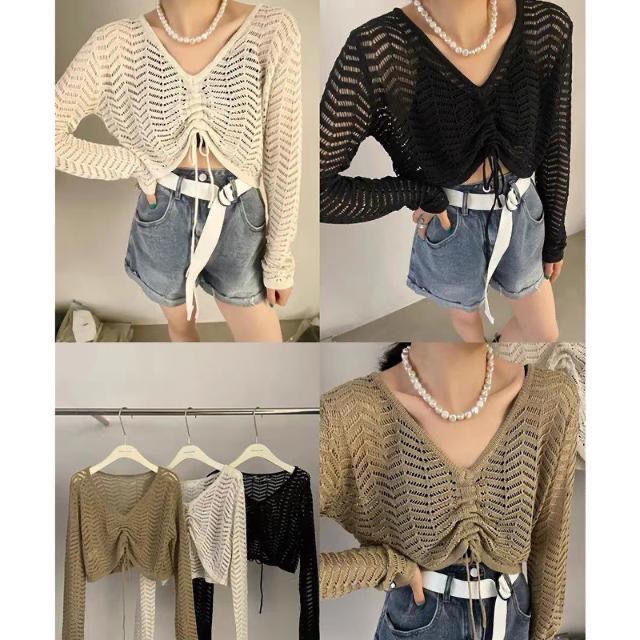 Áo dệt kim SUXI tay dài cổ chữ V dáng rộng phối dây rút phong cách Hàn Quốc thời trang mùa hè cho nữ