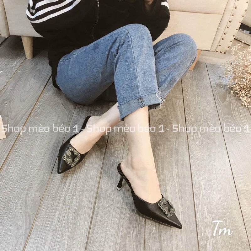 Giày sục cao cót manolo mặt đá vuông gót nhọn fullbox hàng quảng châu cao cấp