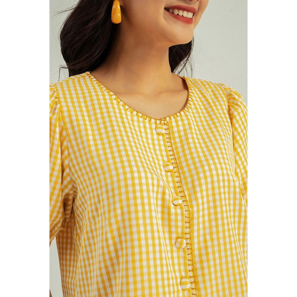 SWANLAKE | Áo Kiểu Nữ Cổ Tròn Tay Phồng Vải Cotton Caro Thoáng Mát, Thanh Lịch - MÃ: A10117LW09