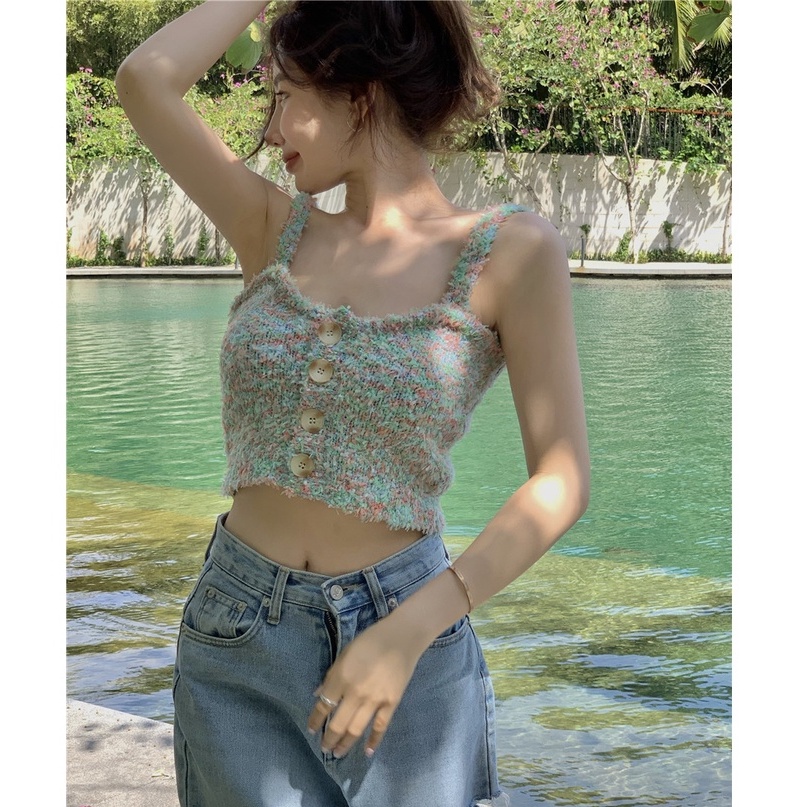 QADCOL  Áo Hai Dây Dệt Màu Sắc Đơn Giản Quyến Rũ Cho Nữ