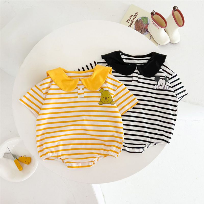 Áo Liền Quần Tam Giác Cổ Thủy Thủ Họa Tiết Hoạt Hình Kẻ Sọc Màu Tương Phản Thời Trang Mùa Hè Cho Bé