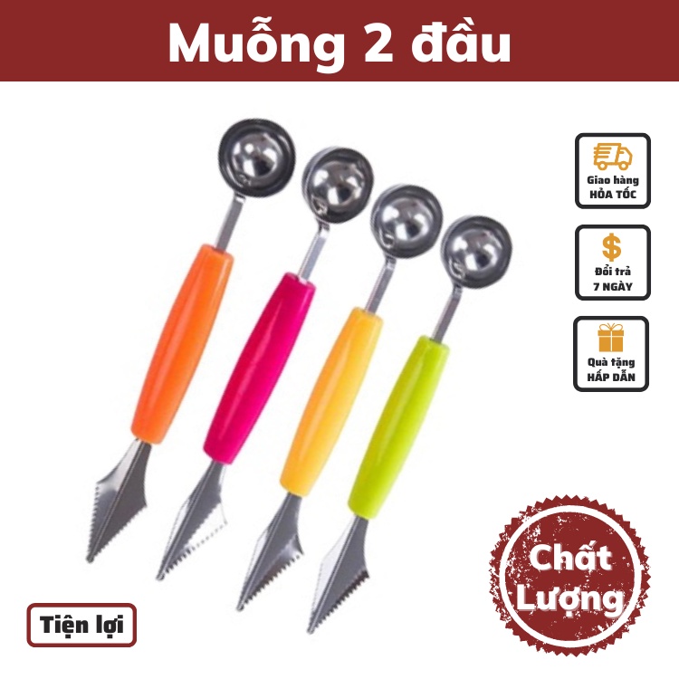 thìa muỗng 2 đầu múc kem, trái cây tạo hình đa dạng bằng thép không gỉ dụng cụ nhà bếp đa năng an toàn đa dạng màu sắc