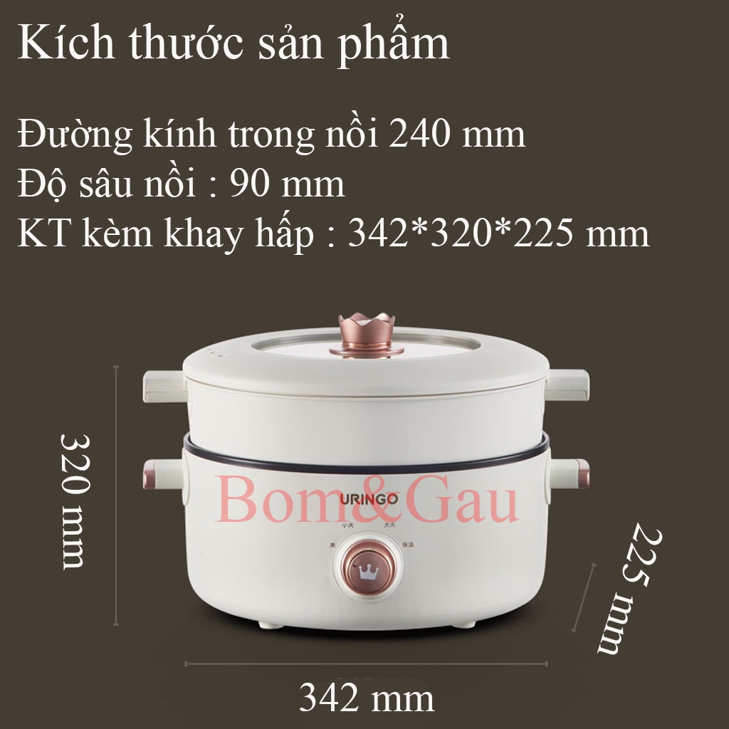 Nồi lẩu mini cắm điện đa năng kèm khay hấp cao cấp, tay cầm cách nhiệt, lớp chống dính teflon