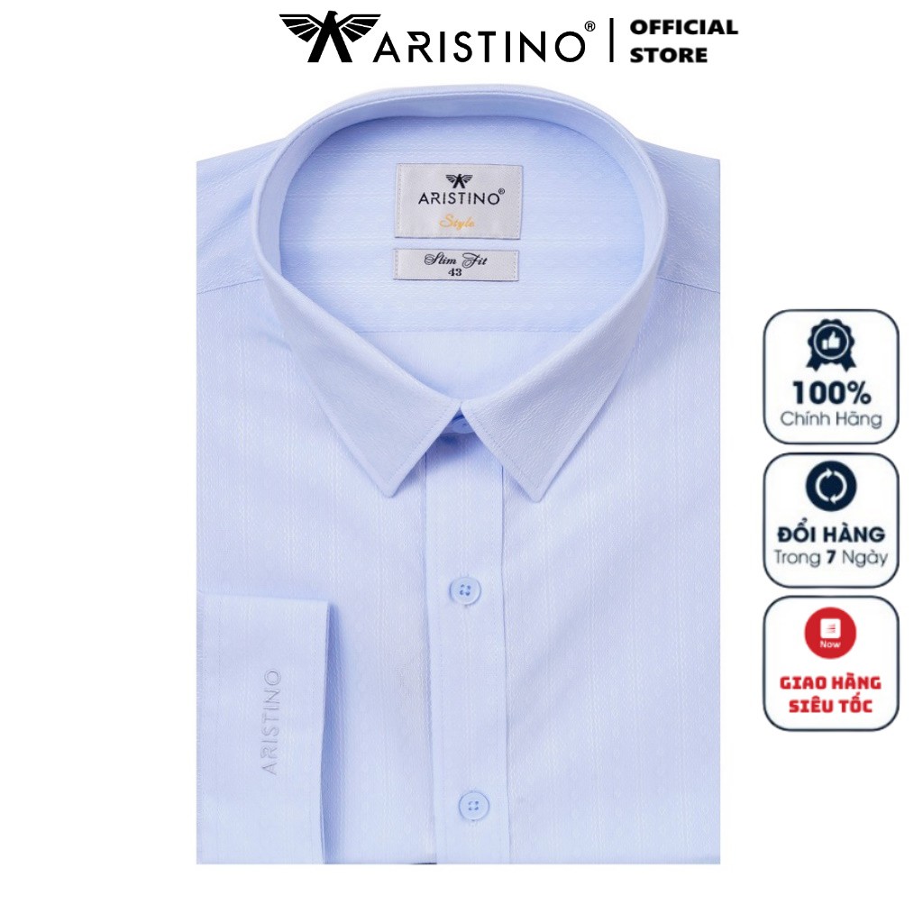 Áo Sơ Mi Nam Dài Tay ARISTINO ALS35607 Somi Công Sở Cao Cấp Màu Xanh Nhạt Họa Tiết Dọc Chất Liệu Sợi Sồi Dáng Ôm