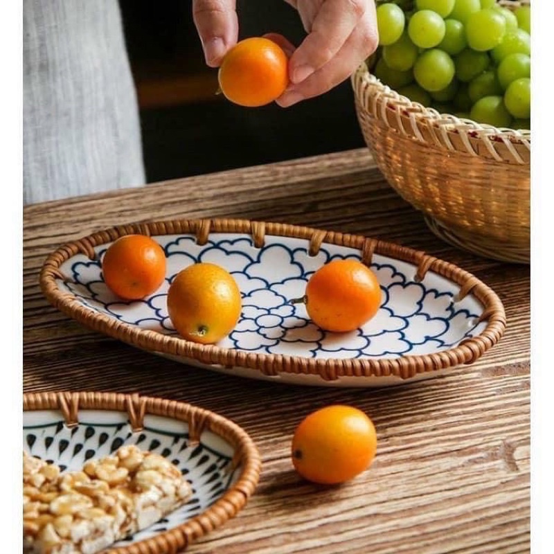 Bán sỉ đĩa sứ viền mây hình oval nhiều hoạ tiết kích thước 20*12cm