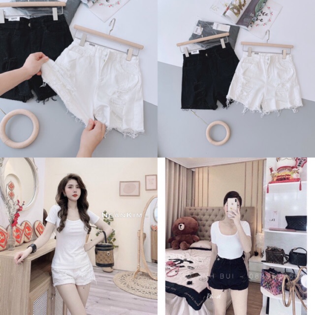 Quần short bò rách cạp cao