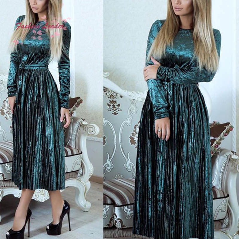 Đầm nhung cổ tròn tay dài phối dây cột thắt lưng thời trang cho nữ | BigBuy360 - bigbuy360.vn