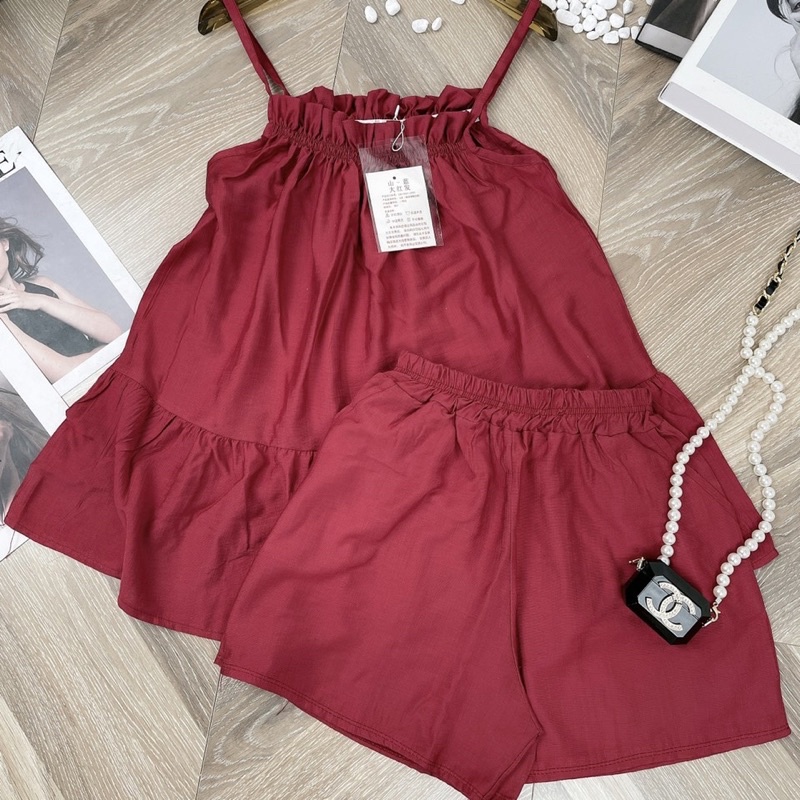 Bộ đũi 2 dây dáng xoè chun ngực babydoll dạng váy kèm quần sooc đùi