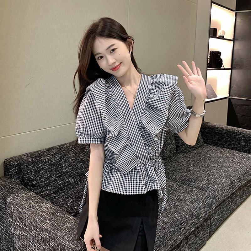 Áo Sơ Mi Ngắn Cổ Chữ V Phối Bèo Thời Trang Mùa Hè 2022 Mới